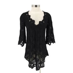L.A.M.B. Crochet Sweater Silk Black Bell 3/4 Sleeve V Neck Open Knit Pullover 8
